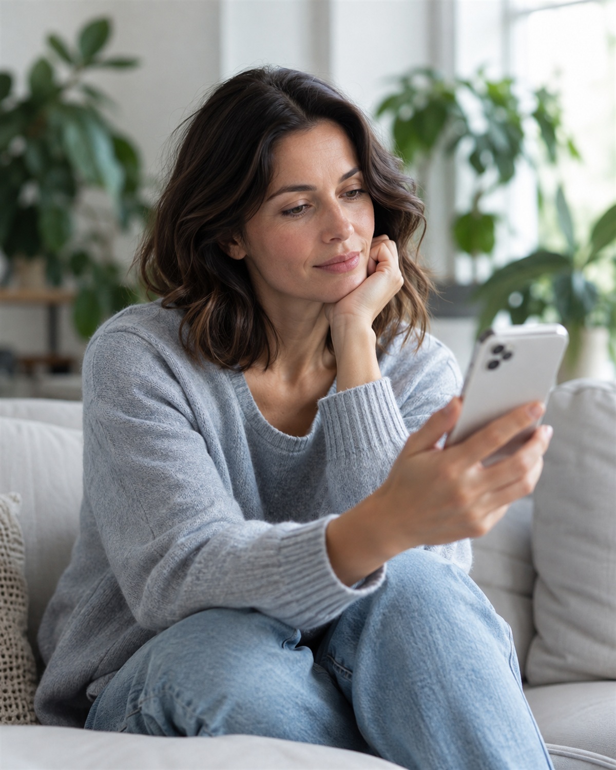 Mulher olhando o celular no sofá de casa