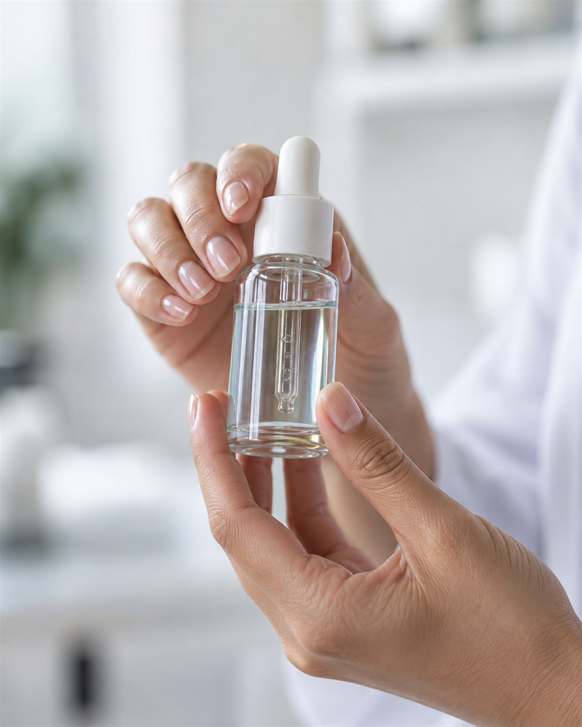 Mãos de uma profissional segurando um frasco de skincare